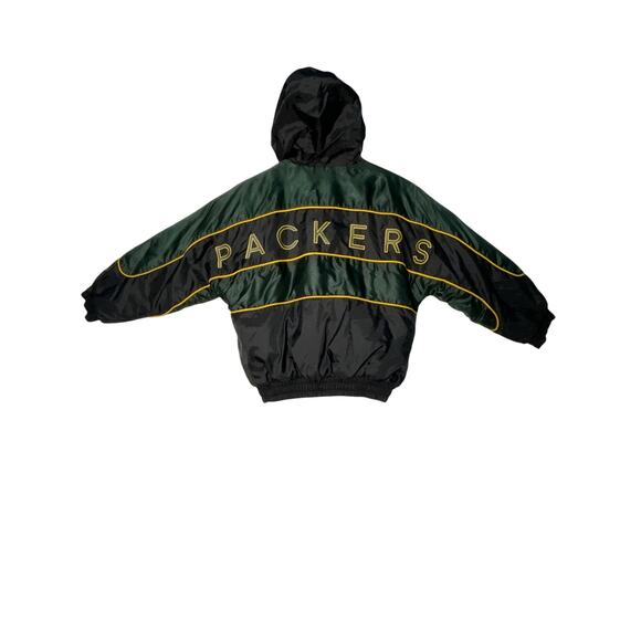 Green Bay Packers Jacket Kids M 10-12 Pro Player Blk/Green VTG 90s Hooded NFL - Picture 3 of 8